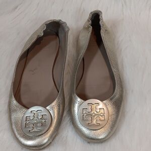 Tory Burch Rose Gold Minni Ballet Leather Logo Shoes Flats Sz 8.5